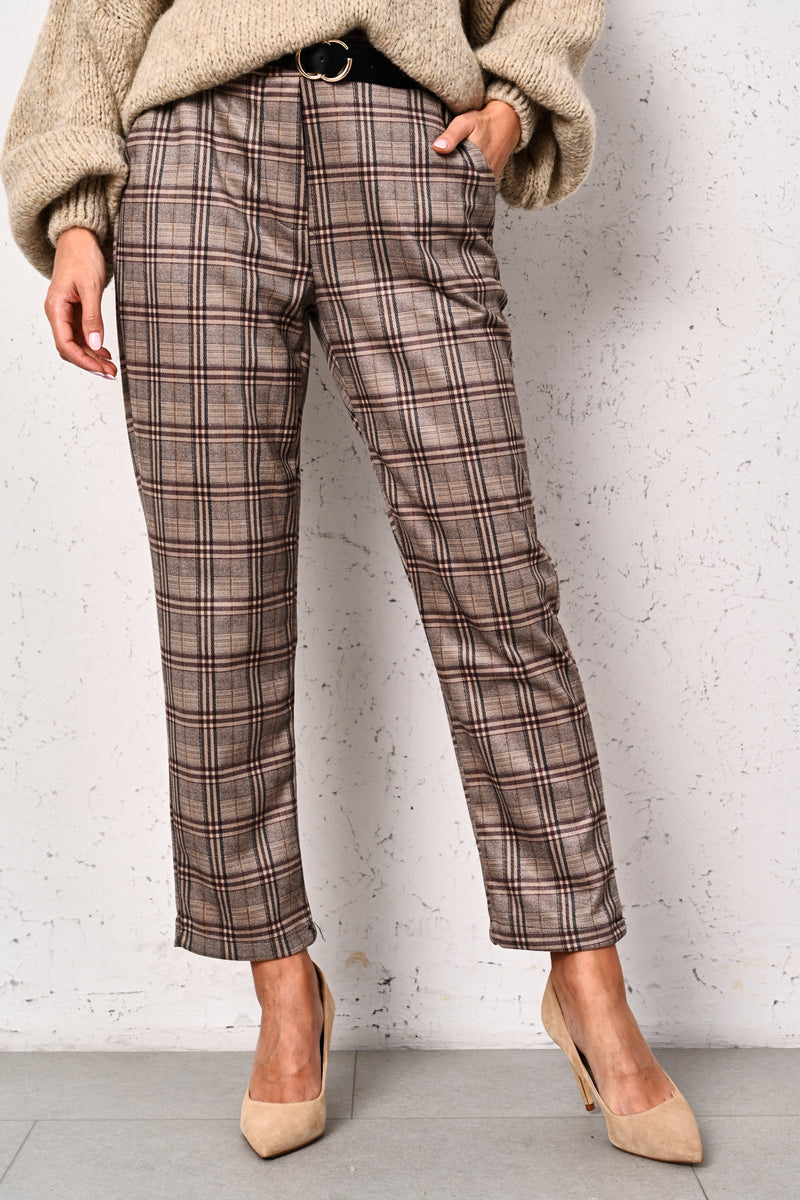 Women's Brown Plaid Pants with Belt