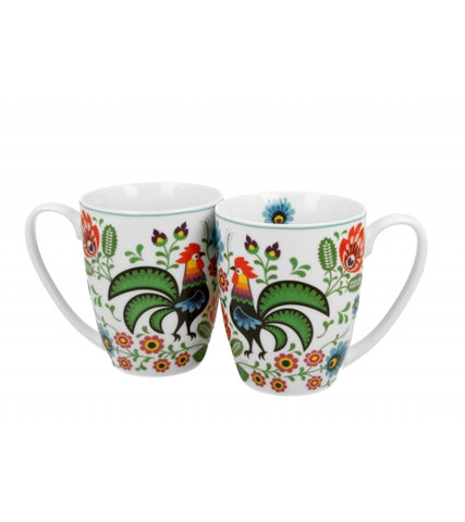 Set of Two White Porcelain Mugs with Roosters Pattern - KOGUTY 360 ml | 4244