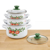 Enameled Cookware 6-elements Set of Pots with Apples Print and Lid | Emalia Olkusz-35246KW