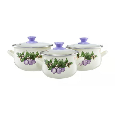 Enameled Cookware 6-elements Set of Pots with Plums Print and Lid | 35247-PYZA