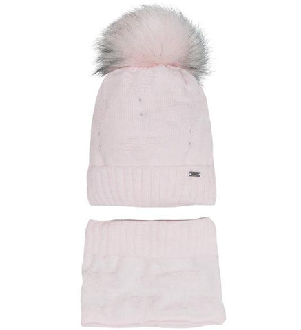 Girls' Powder Pink Hat with Pompom and Tube Scarf Set ~ 1-5 Years | 44/422