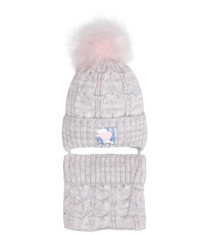 Girls' Powder Pink and Gray Hat with Pompom and Tube Scarf Set ~ 1-5 Years | 46/426