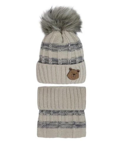 Boys' Beige Beanie with Bear Patch and Tube Scarf Set ~ 4-5 years | 46/435