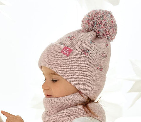 Girls' Powder Pink Dotted Hat with Pompom and Tube Scarf Set ~6-12 Yeras | 48/364-PP