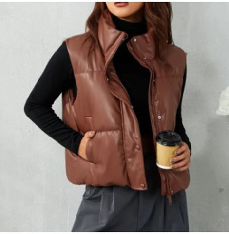 Womens' Brown Faux Leather Quilted Vest | 21211