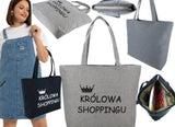 Cotton Shopping Bag with Funny Print and Zipper - Królowa shoppingu | 7GA0518