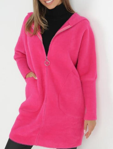 Fuchsia Hooded Alpaca Coat with Zipper | HAL-123